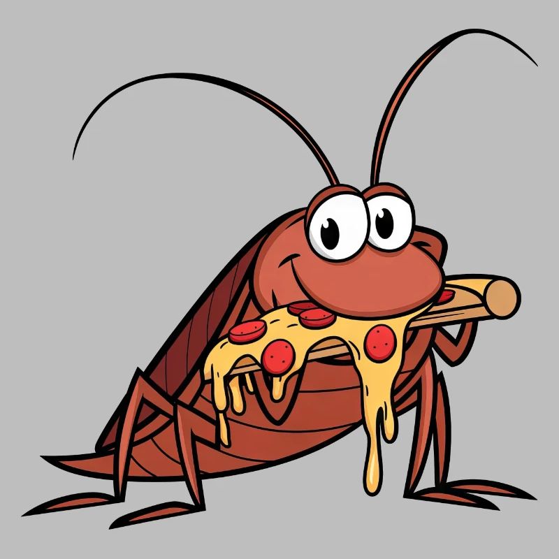 Cute cartoon cockroach with salami pizza