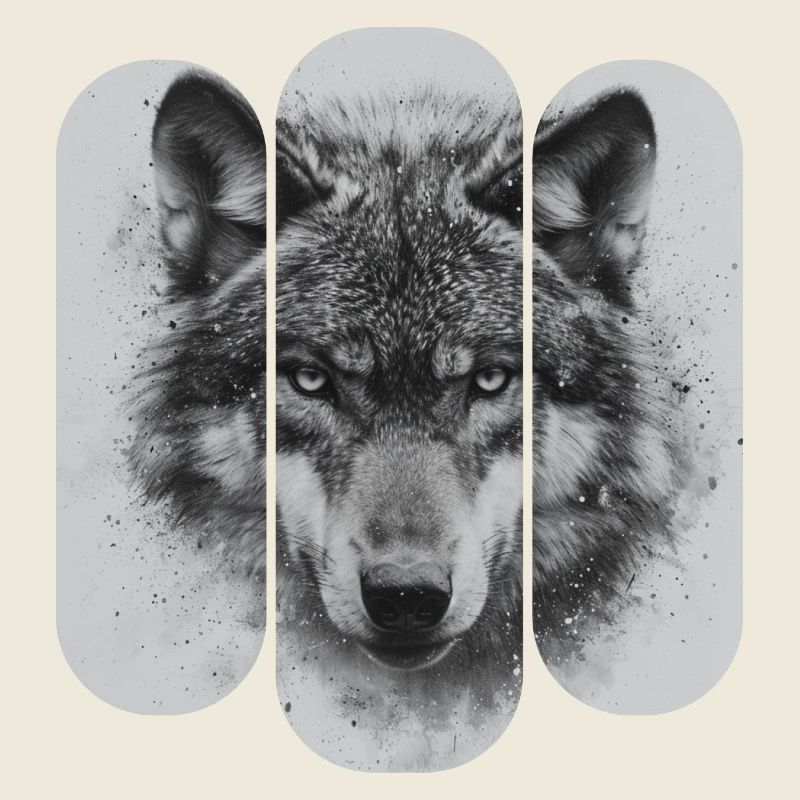 triptych Black and White Wolf