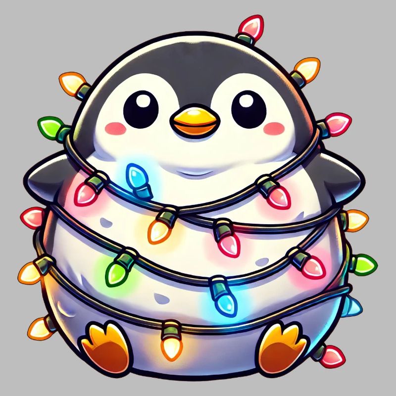 Schusseliger Pinguin mit Lichterkette verheddert