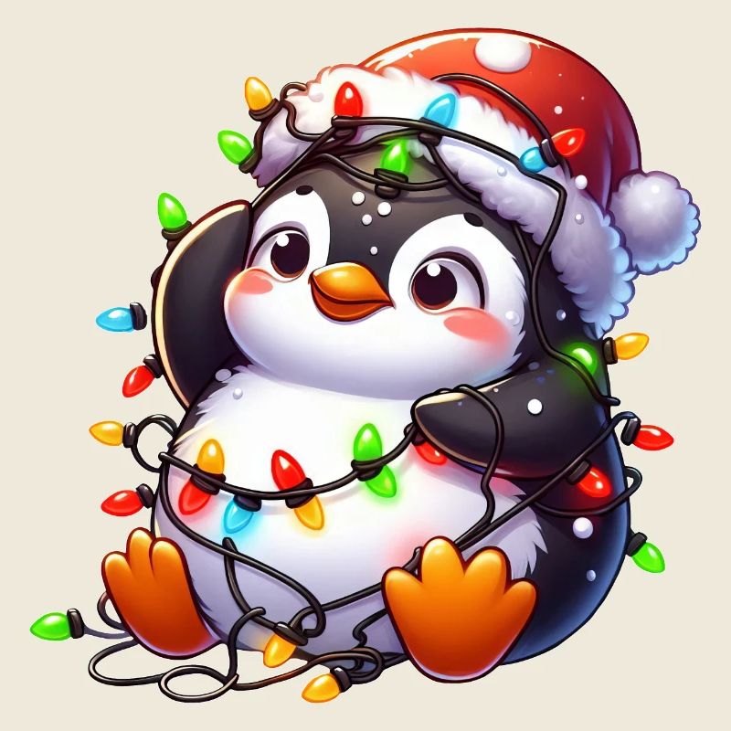 Tollpatschiger Weihnachtspinguin mit Lichterkette