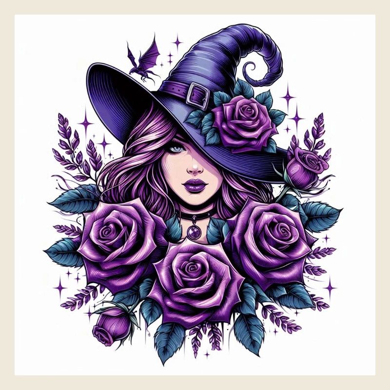 Hexe mit violett Rosen