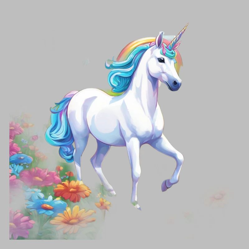 Licorne gracieuse avec crinière arc-en-ciel dans la mer en fleurs