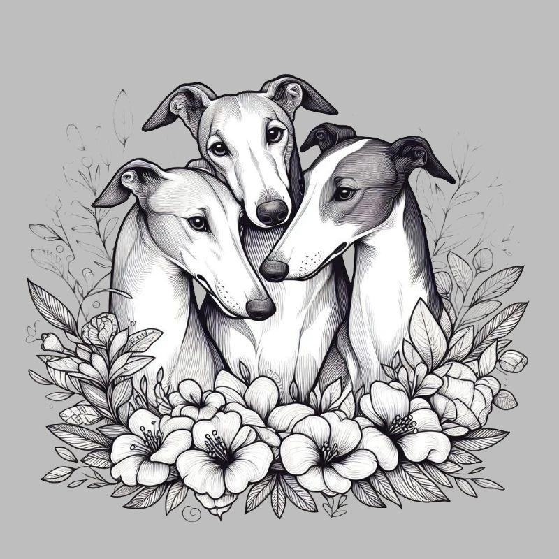 Trois lévriers dans un cercle de fleurs