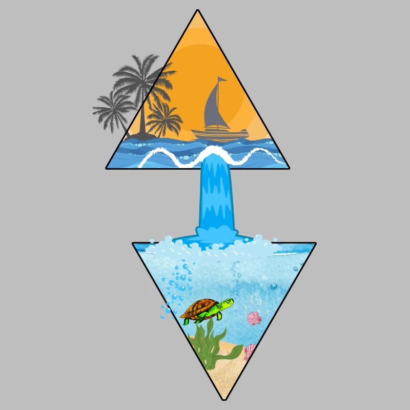 Summer motif with waterfall and palm tree in triangles