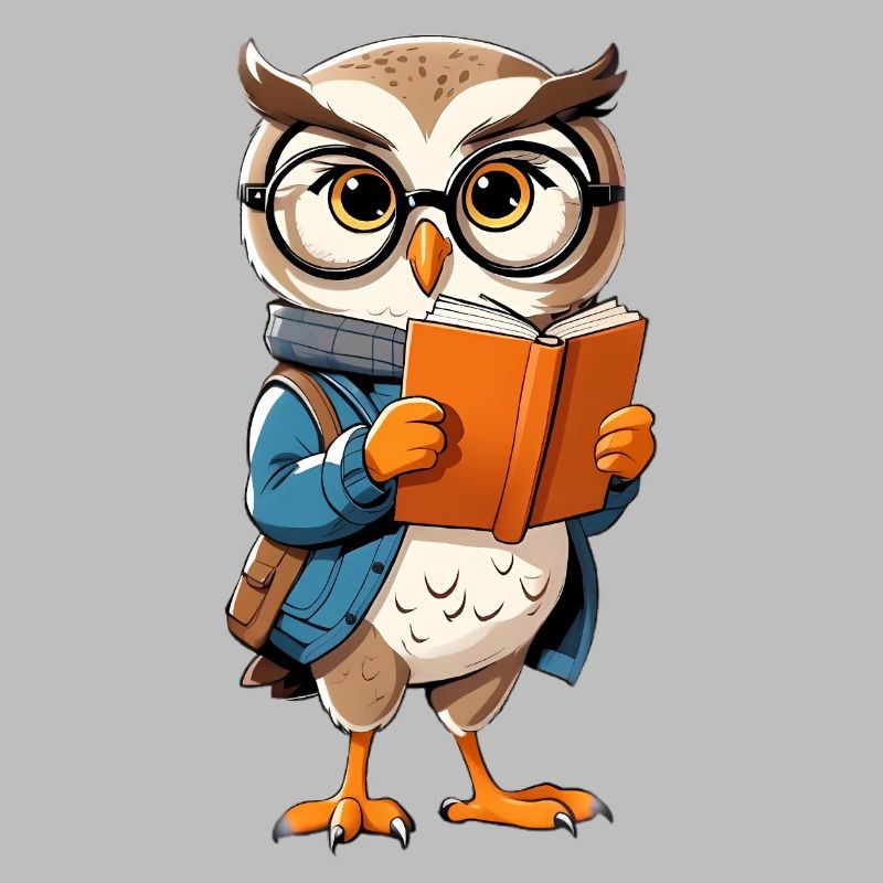 Learning owl with glasses reads book