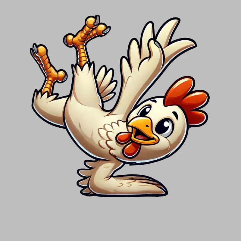 Poulet breakdance en équilibre sur les mains et saut périlleux
