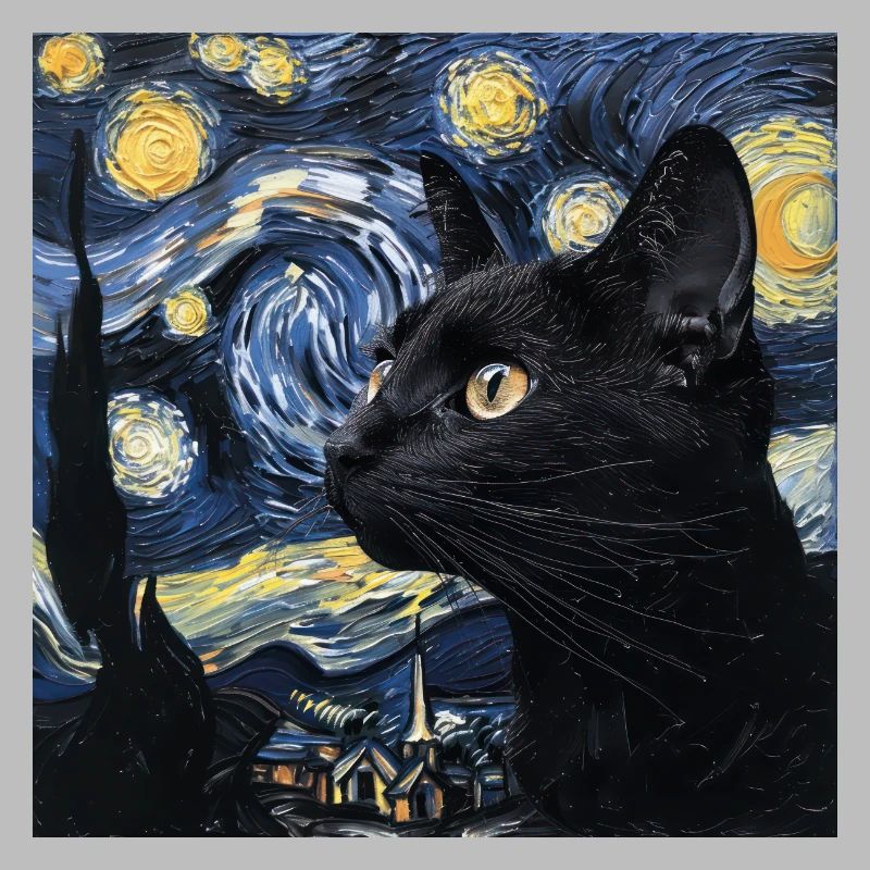 Black Cat, Cats, Van Gogh, Starry Night
