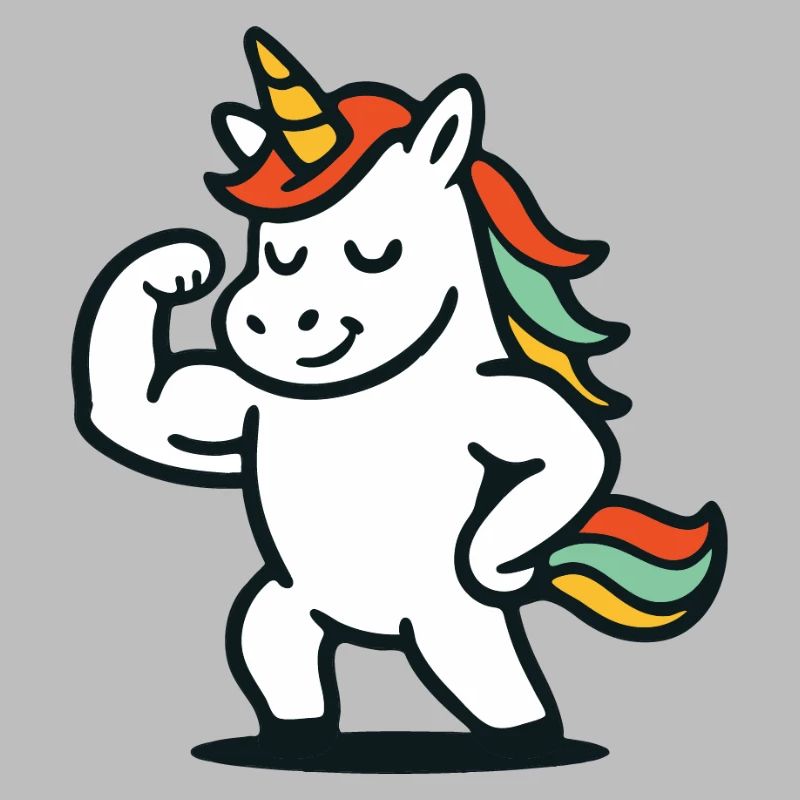 Niedliches flexendes Einhorn mit buntem Mähnen-Maskottchen