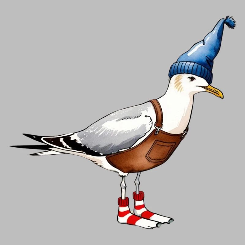 Funny seagulls illustration with cap & dungarees