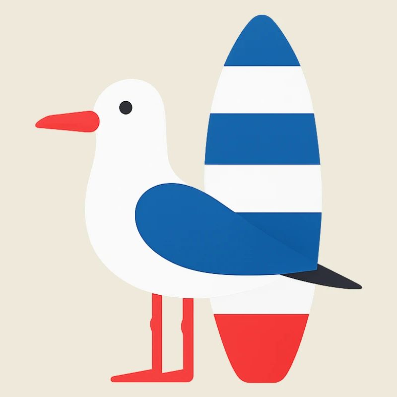 Mouette avec planche de surf
