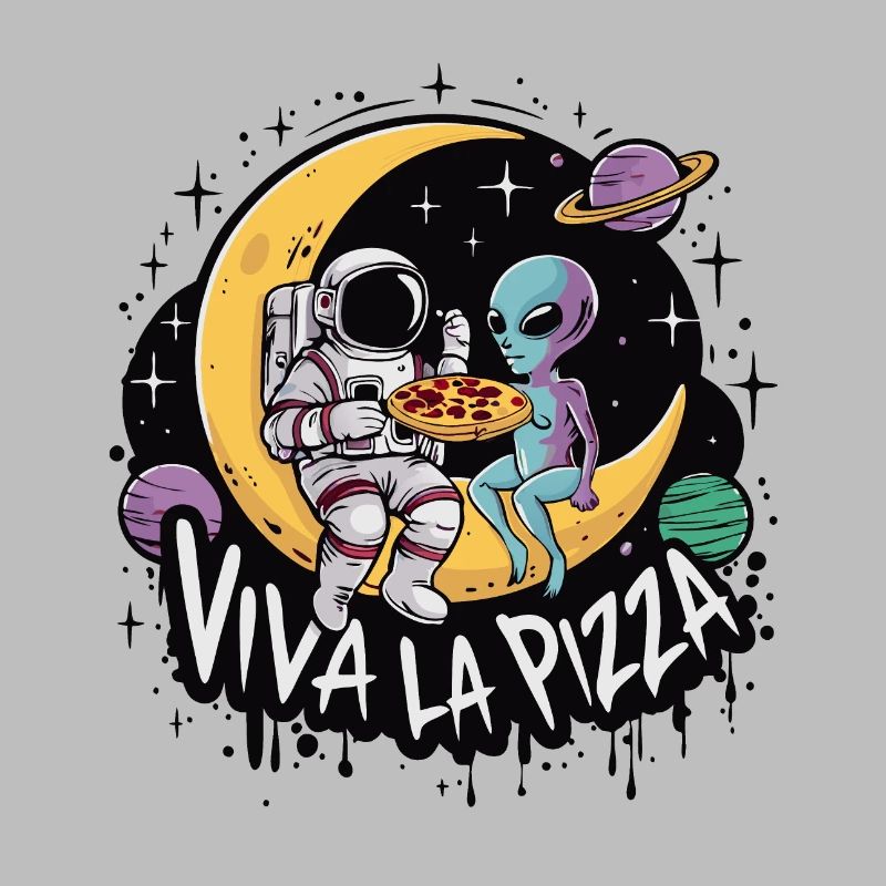 Viva la pizza - Astronaute et extraterrestre mangeant de la pizza