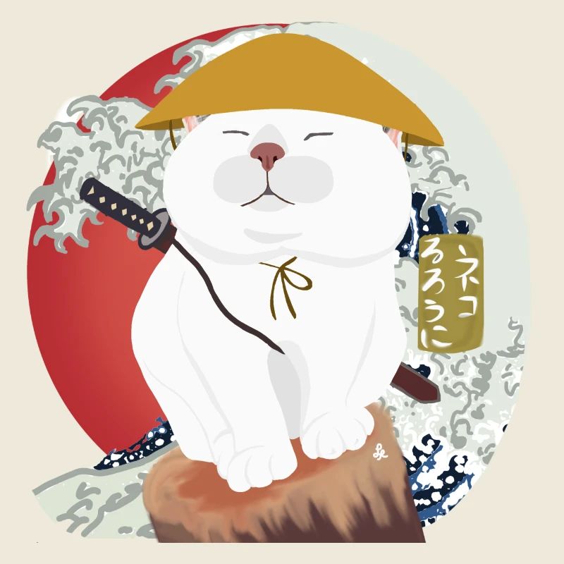 Samurai Katze sitzt auf dem Holz