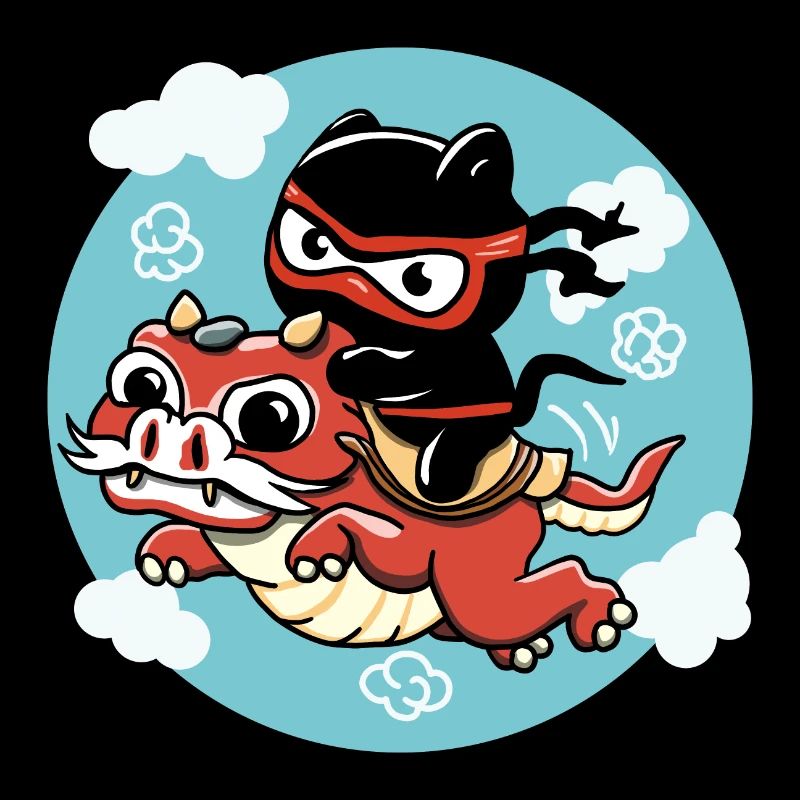 Kawaii Ninja cat riding a red dragon