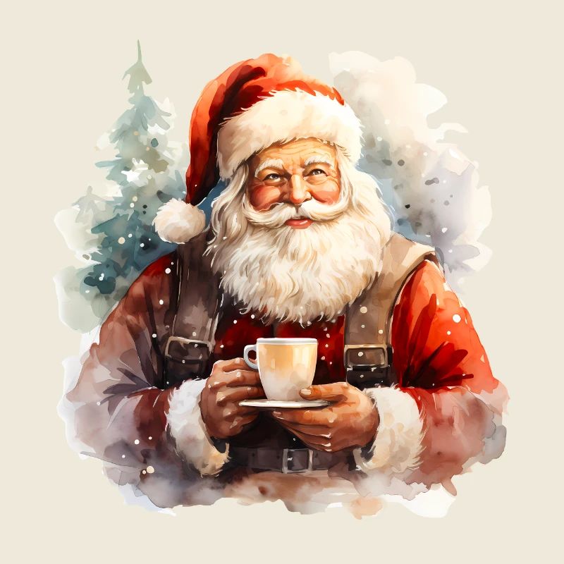 Aquarell Weihnachtsmann mit einer Tasse