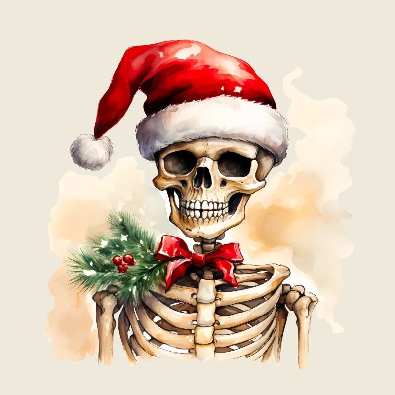 Aquarell Skelett mit Weihnachtsmütze