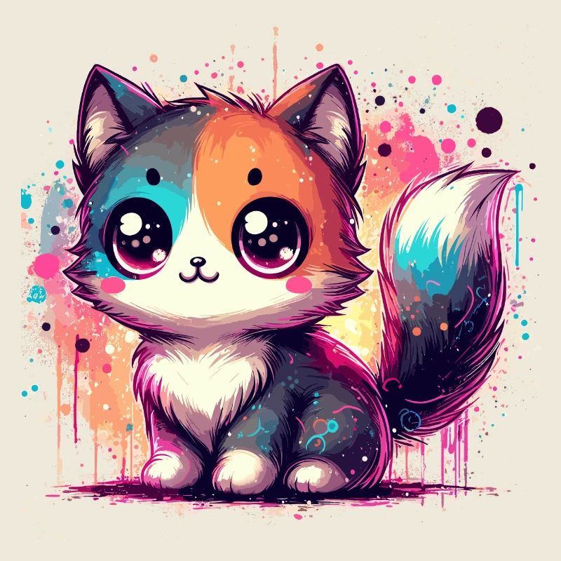 Chibi chat bicolore aquarelle éclaboussure