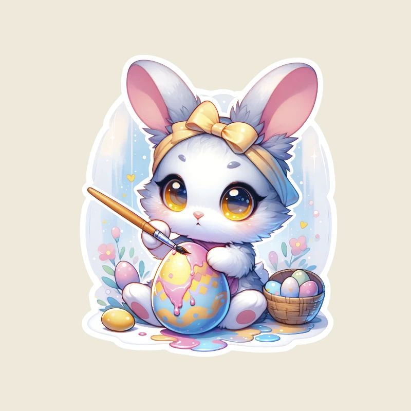 Lapin Chibi doux avec bandeau de cheveux et œufs de Pâques