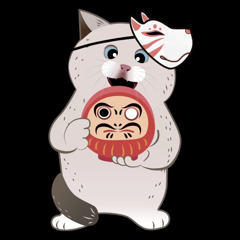 Chat mignon tenant Daruma avec un masque Kabuki