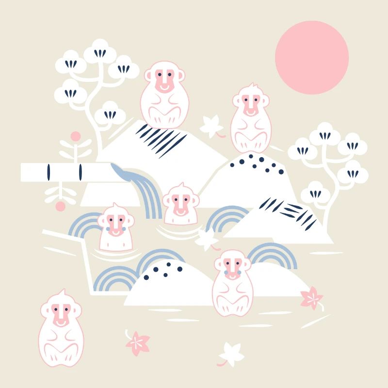 Chilling monkeys in a hot spring l white pink blue