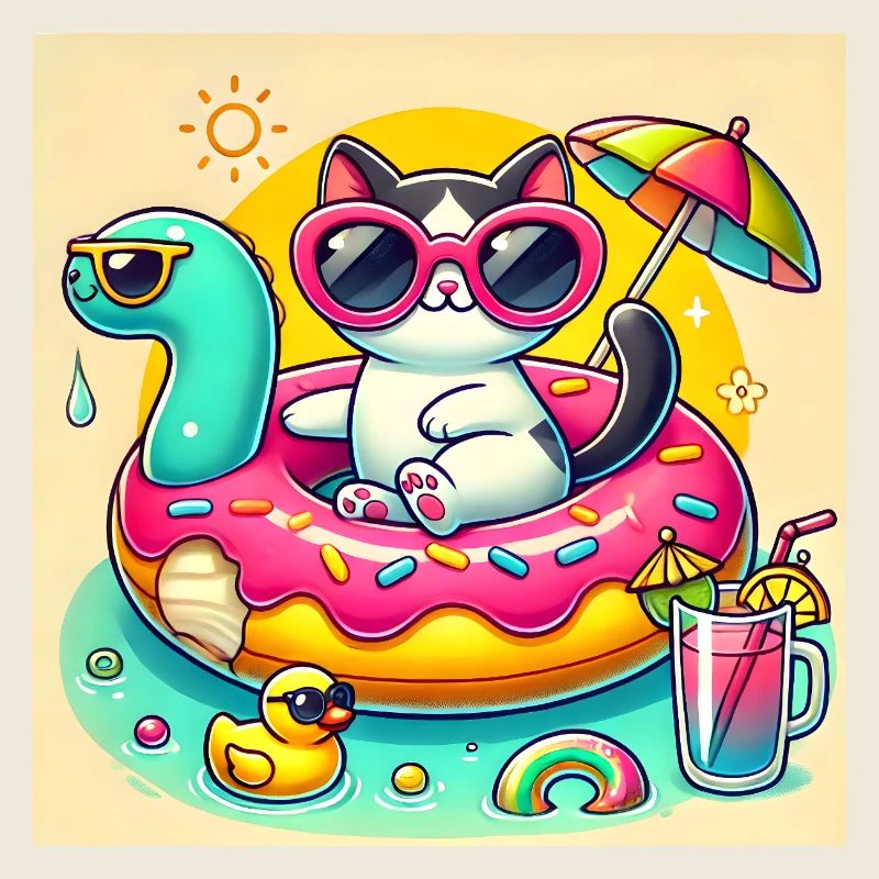 Chat Mignon sur Bouée Piscine Colorée