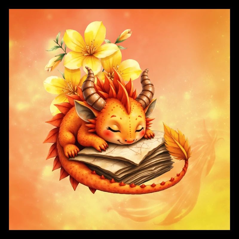 Verschlafener Drache auf geblümtem Buch