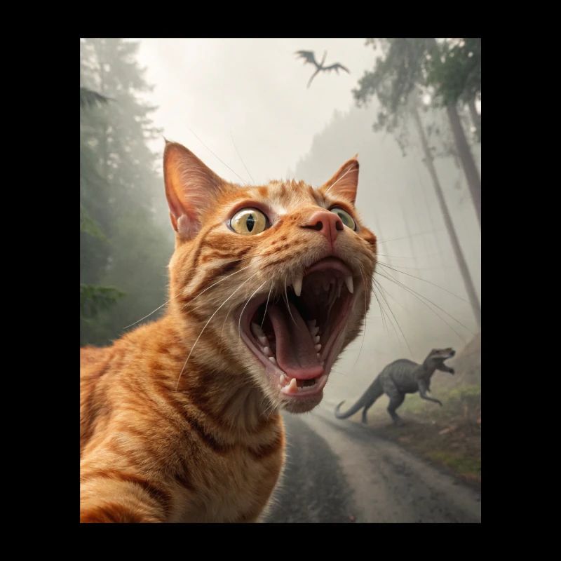 Scared Cat Selfie With Dinosaurs, Funny Photograph