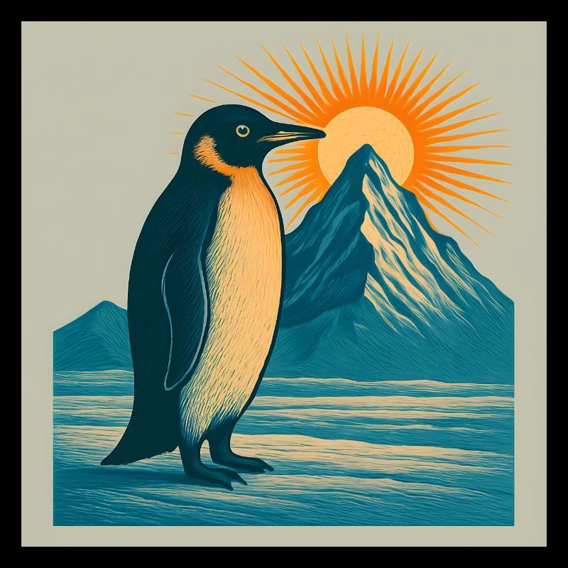 Penguin at sunrise on the mountain sea