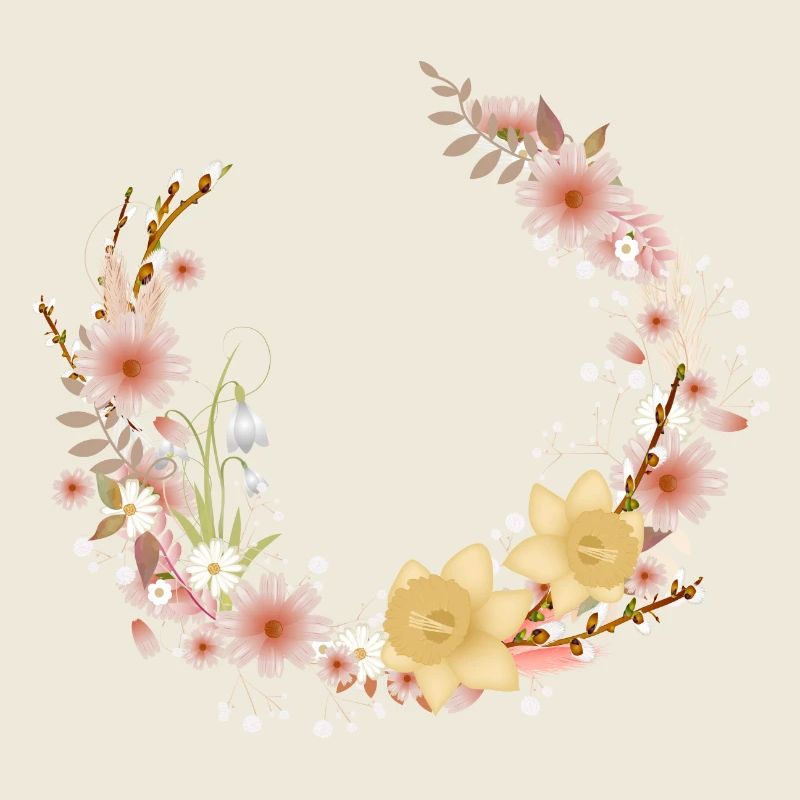 Couronne de fleurs, jonquilles printanières et chatons de palmier