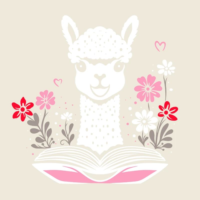 Alpaka mit Buch und Blumen Bücher lesen