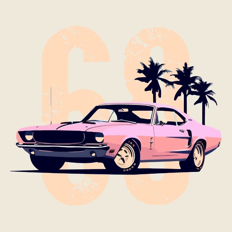Retro Pink Muscle Car Sunset Scene