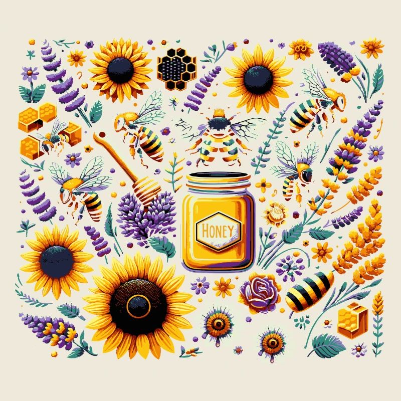 Lebhaftes, farbenfrohes Kunstwerk mit Bienen