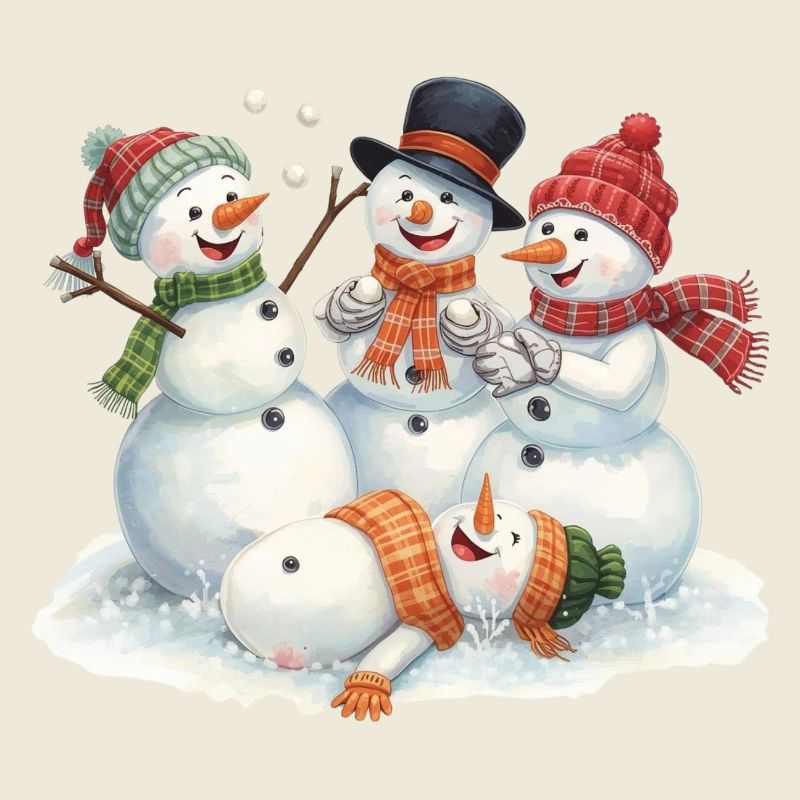 Vier lachende Schneemänner bei Schneeballschlacht