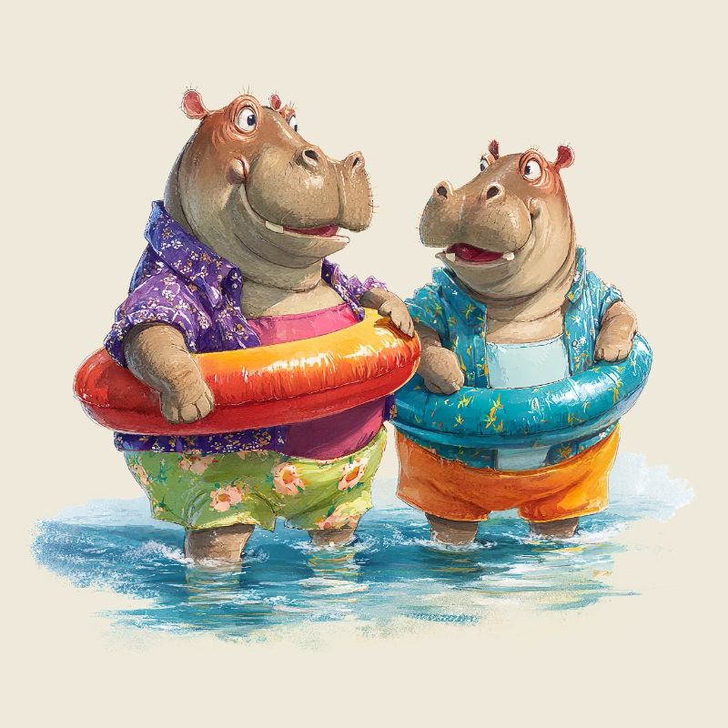 Hippos am Strand mit Schwimmreifen