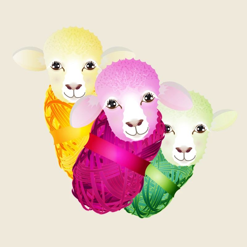 drei bunte Schafe mit farblich abgestimmter Wolle