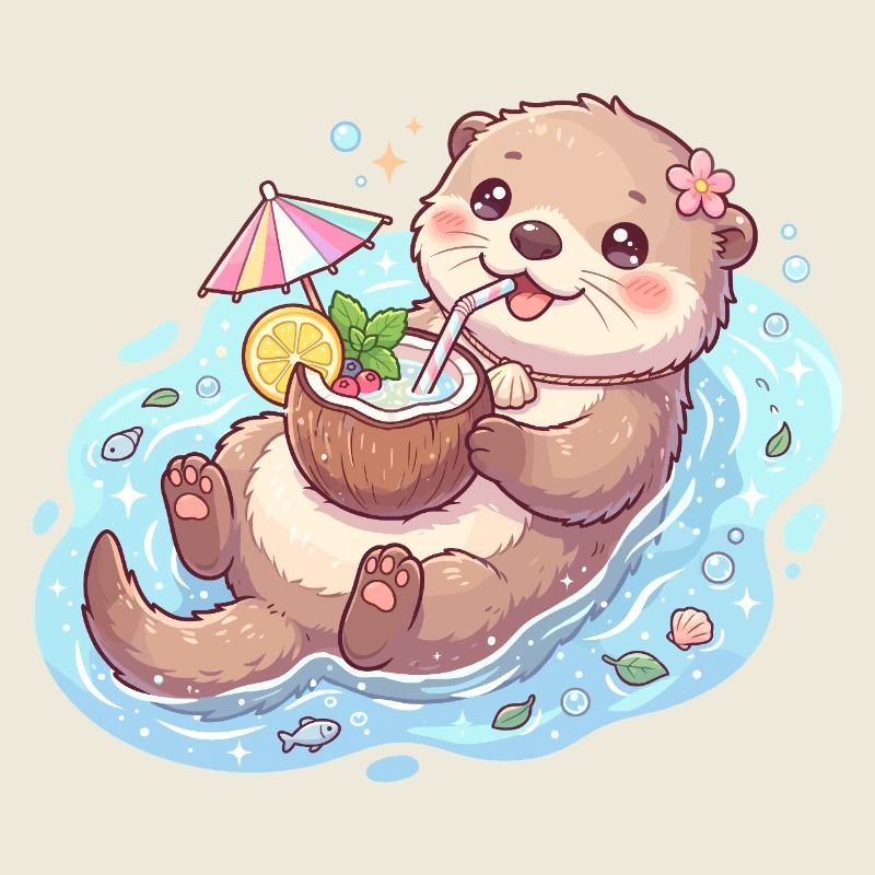 Süßer Kawaii-Otter schwimmt mit Kokosnussgetränk