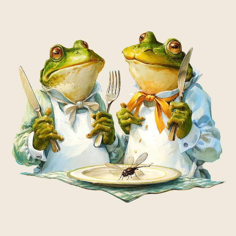 Frog cooks at the table