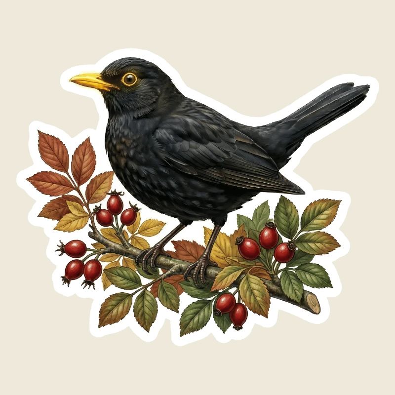 Native blackbird on rosehip branch