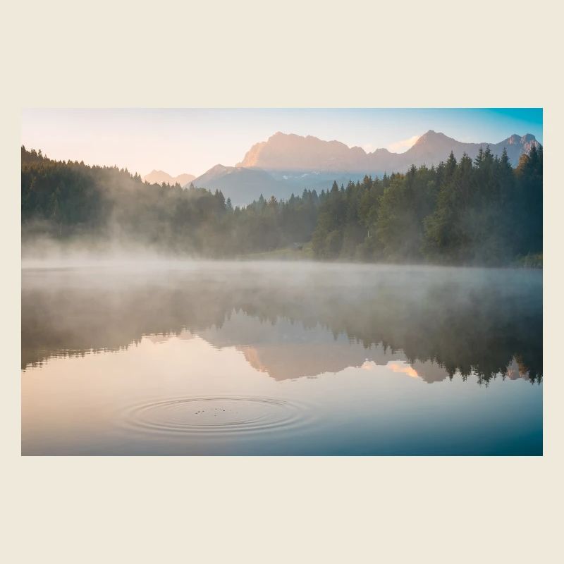 Brouillard matinal au bord du lac calme