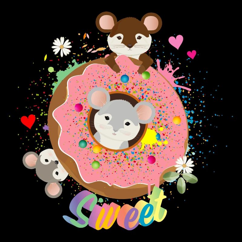 three cute mice and a donut with pink glaze