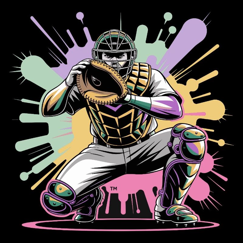  Baseball Catcher mit Maske Bunte Splash Farben