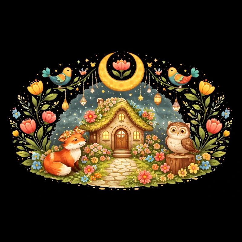 Magisches Frühlingshaus mit Fuchs und Eule 