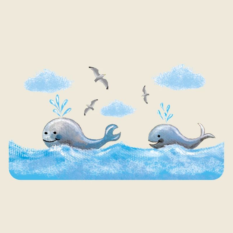 Baleines et mouettes - Mer bleue - Peint à la main