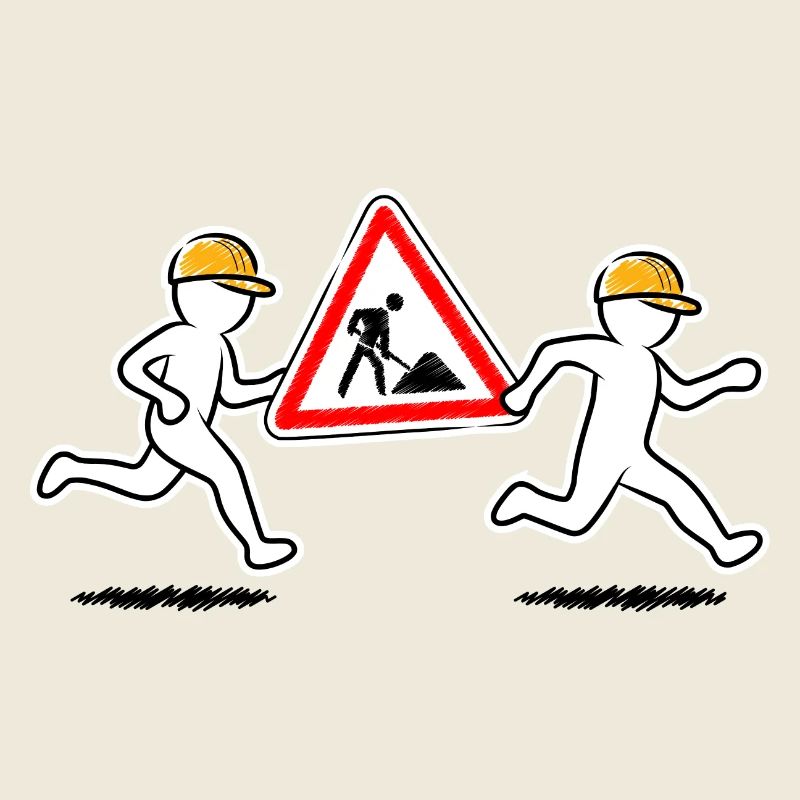 Two construction workers carry a construction site sign