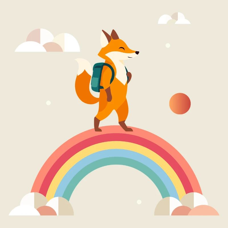 Fröhlicher Fuchs mit Rucksack auf Regenbogen