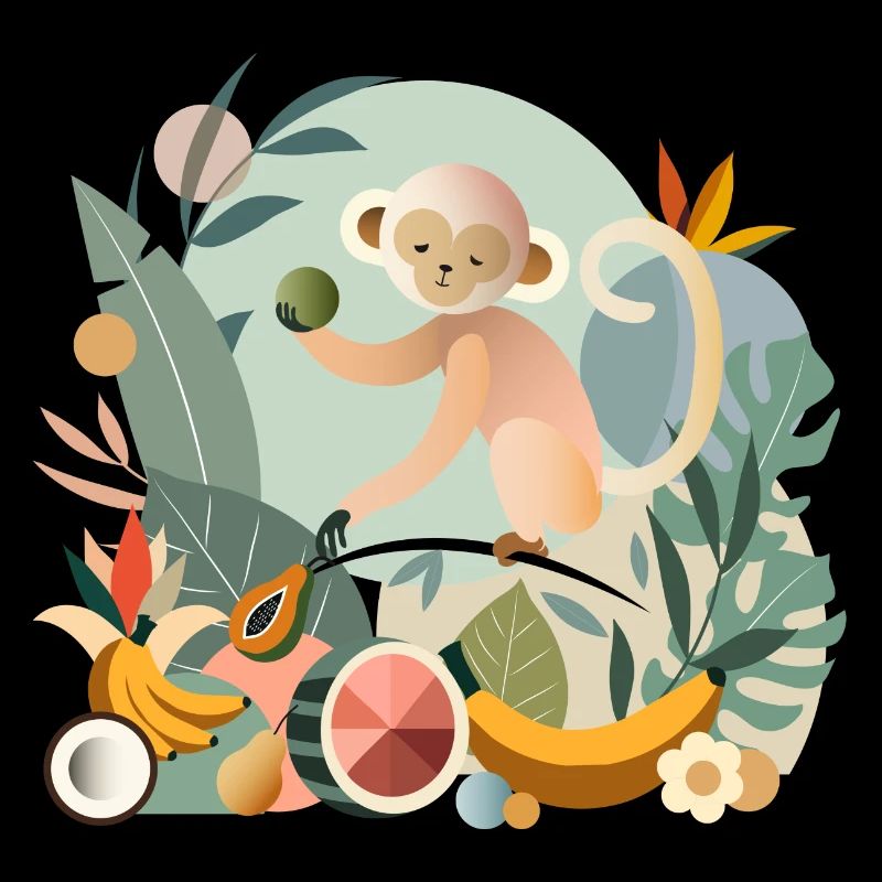 Playful monkey with tropical fruits
