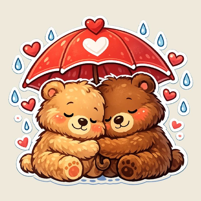 Cuddly bears under heart rain