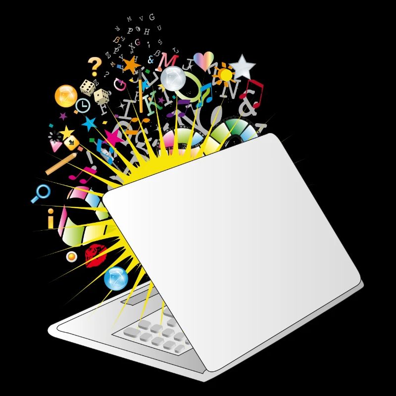 Un ordinateur portable à moitié ouvert avec beaucoup de symboles