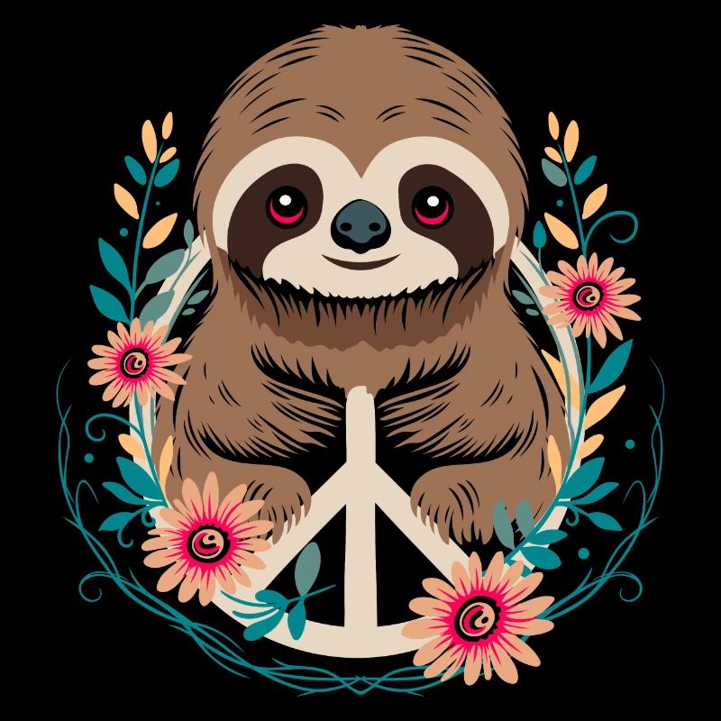 Faultier mit Peace Zeichen und Blumen