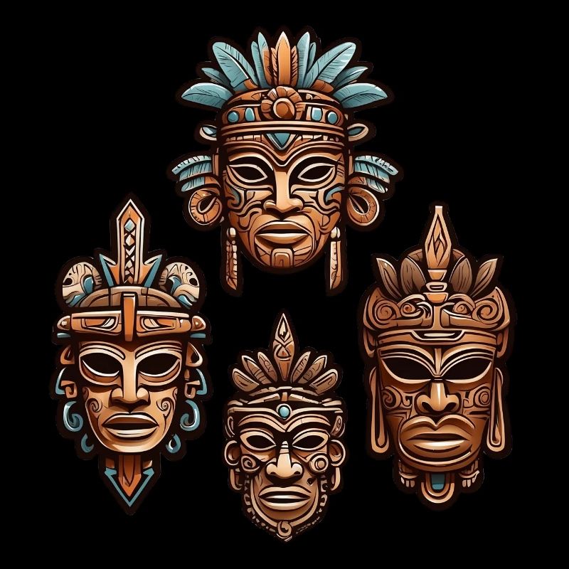 Ornate Carved Aztec, Mayan, Inca Masks