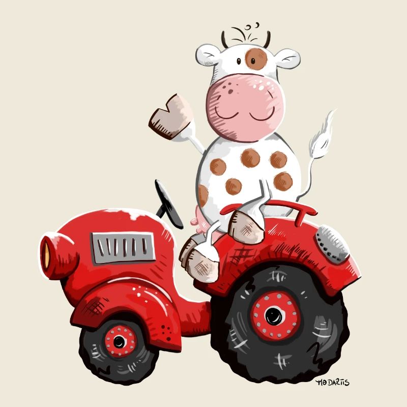 Cow drives a tractor
